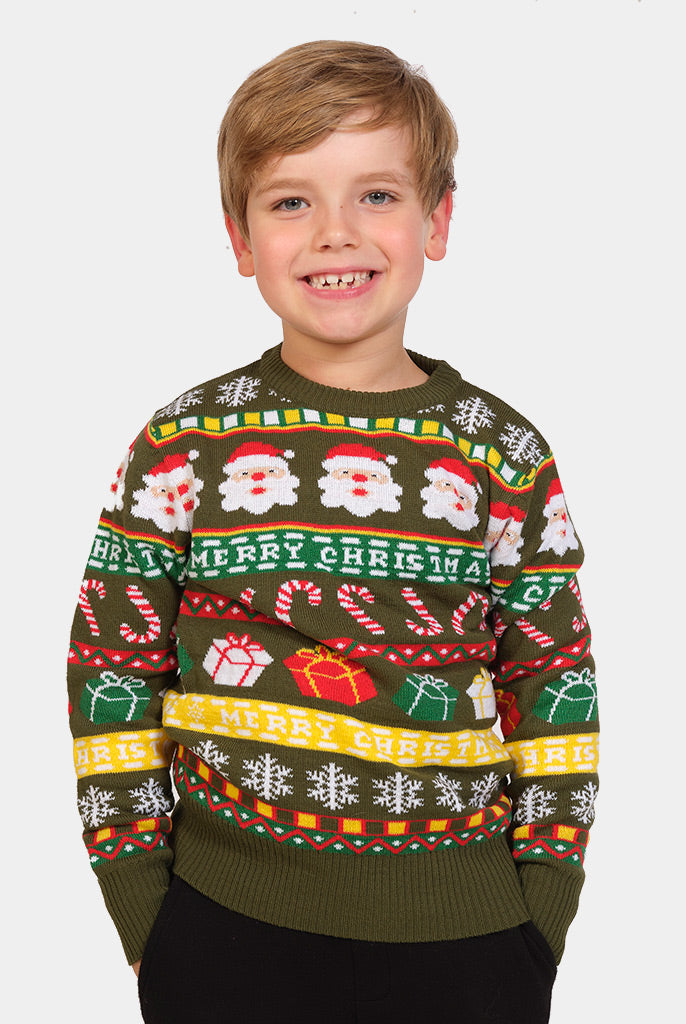Maglione Natalizio Verde con Babbo Natale e Regali Bambini