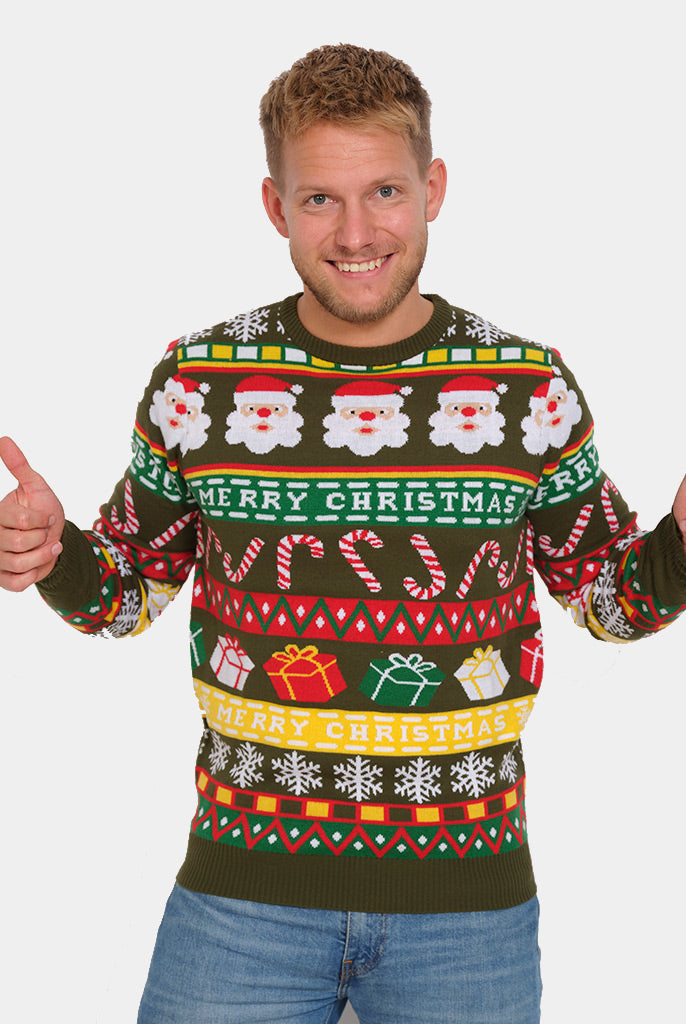 Maglione Natalizio Verde con Babbo Natale e Regali uomo
