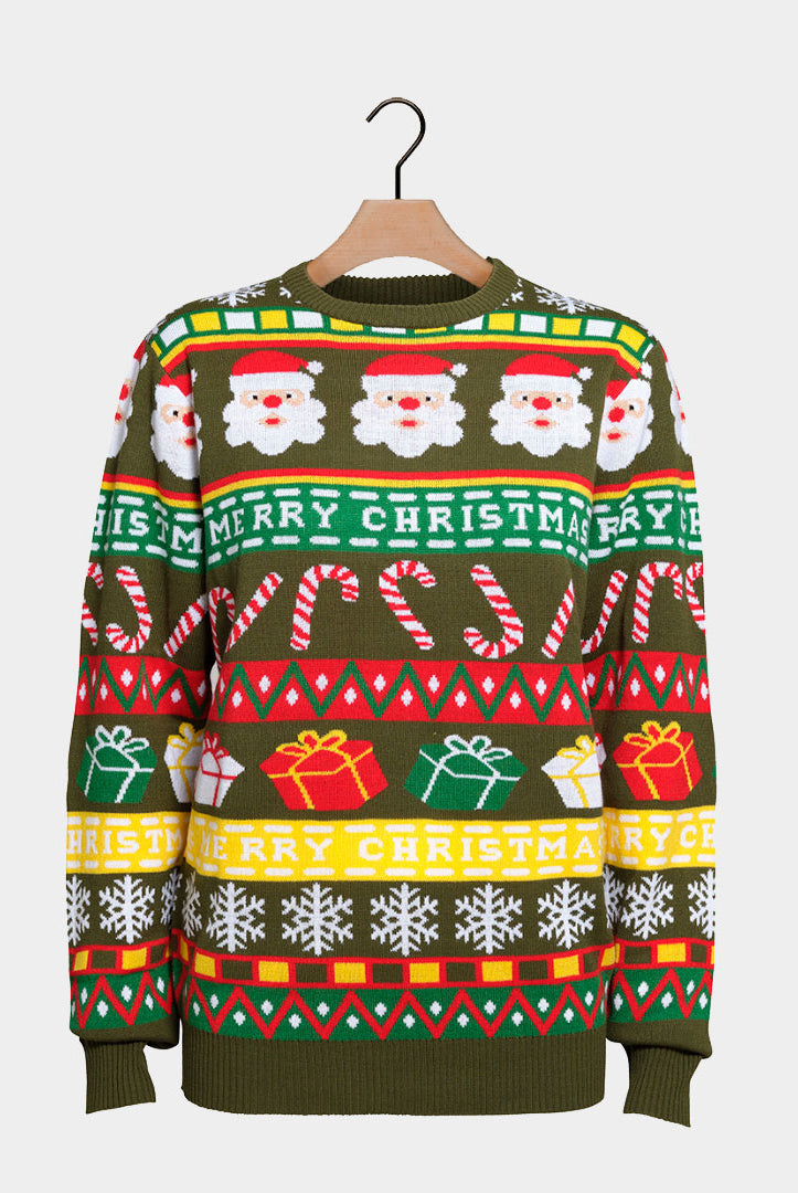 Maglione Natalizio Verde con Babbo Natale e Regali
