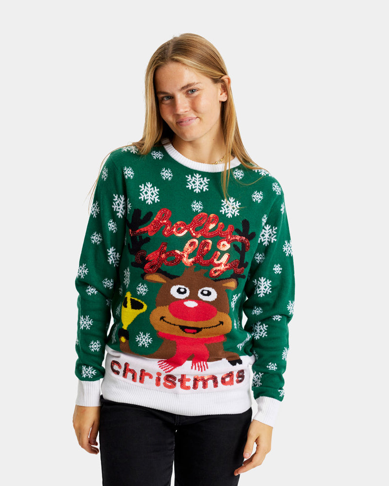 Maglione Natalizio Verde da Donna Holly Jolly con Paillettes