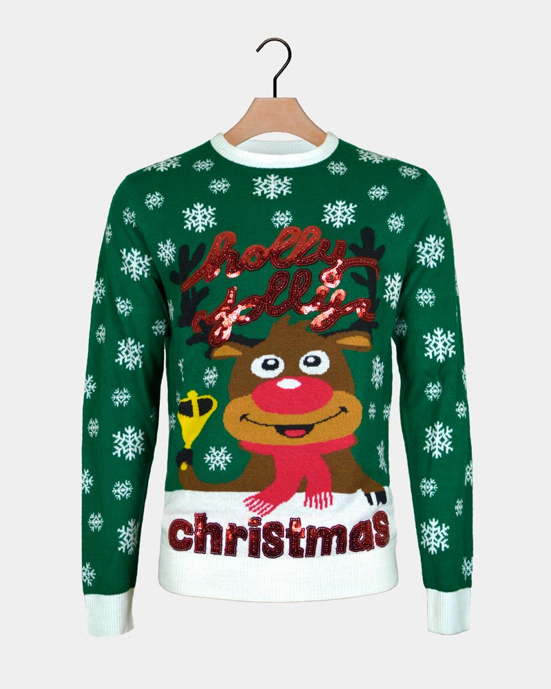 Maglione Natalizio Verde Holly Jolly con Paillettes