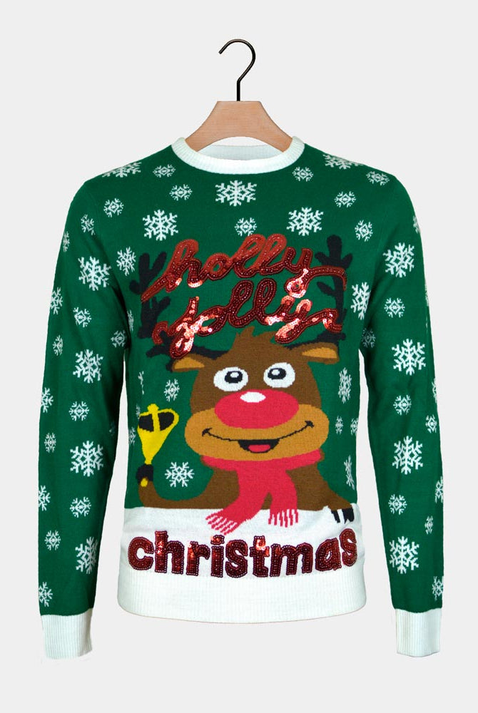 Maglione Natalizio Verde Holly Jolly con Paillettes