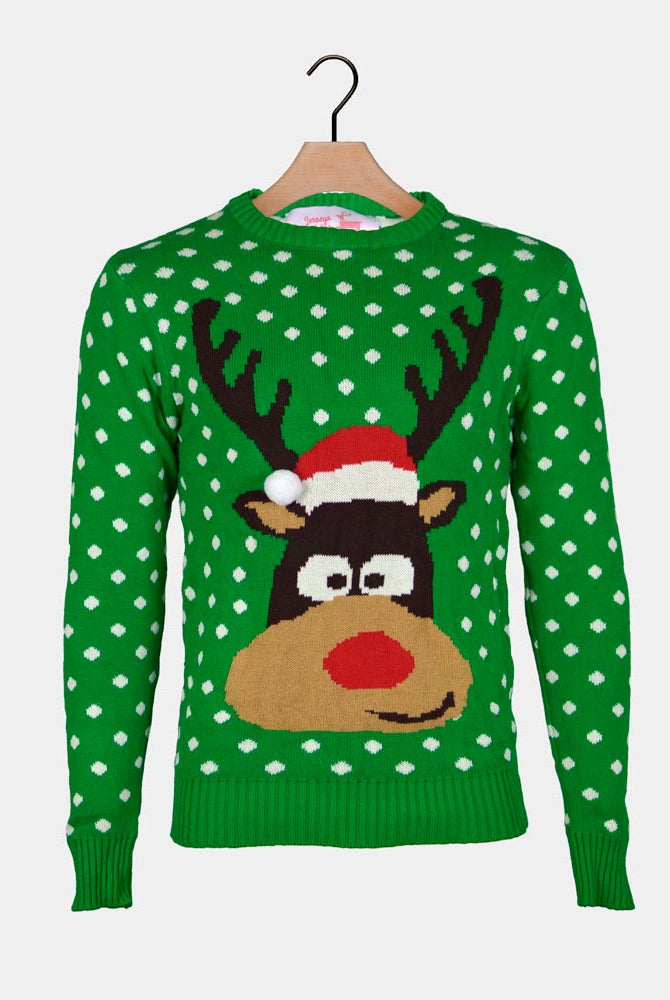 Maglione Natalizio Verde Renna con Cappello in 3D