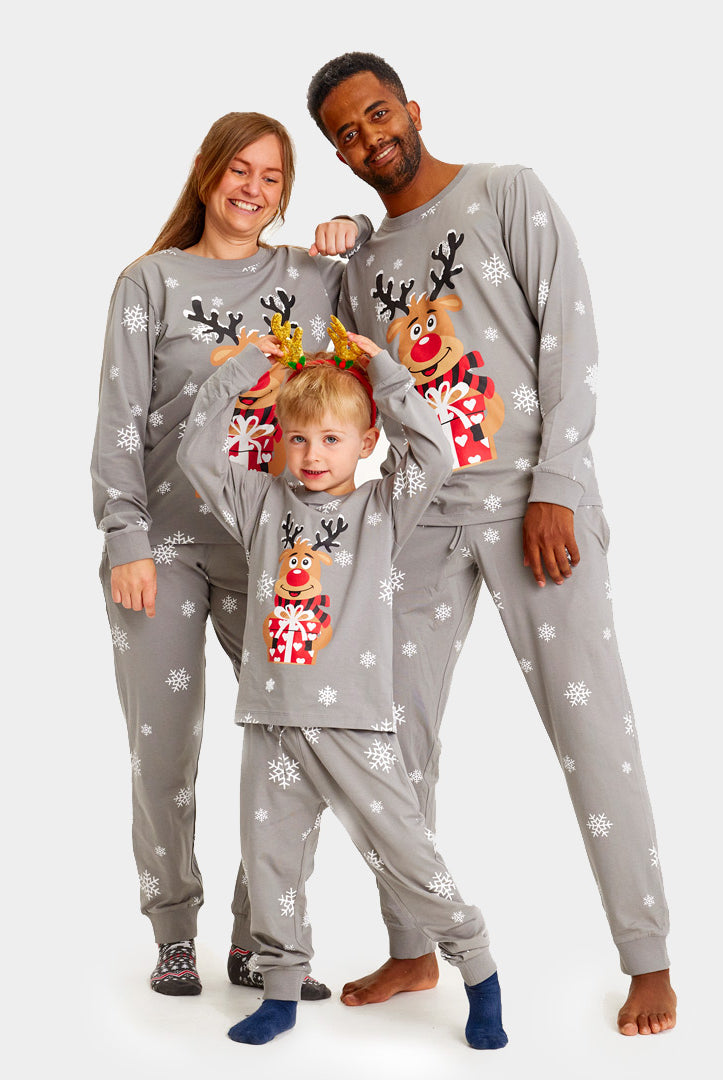 Pigiama Natalizio per Bambini Donna e Uomo Grigio con Renna Rudolph