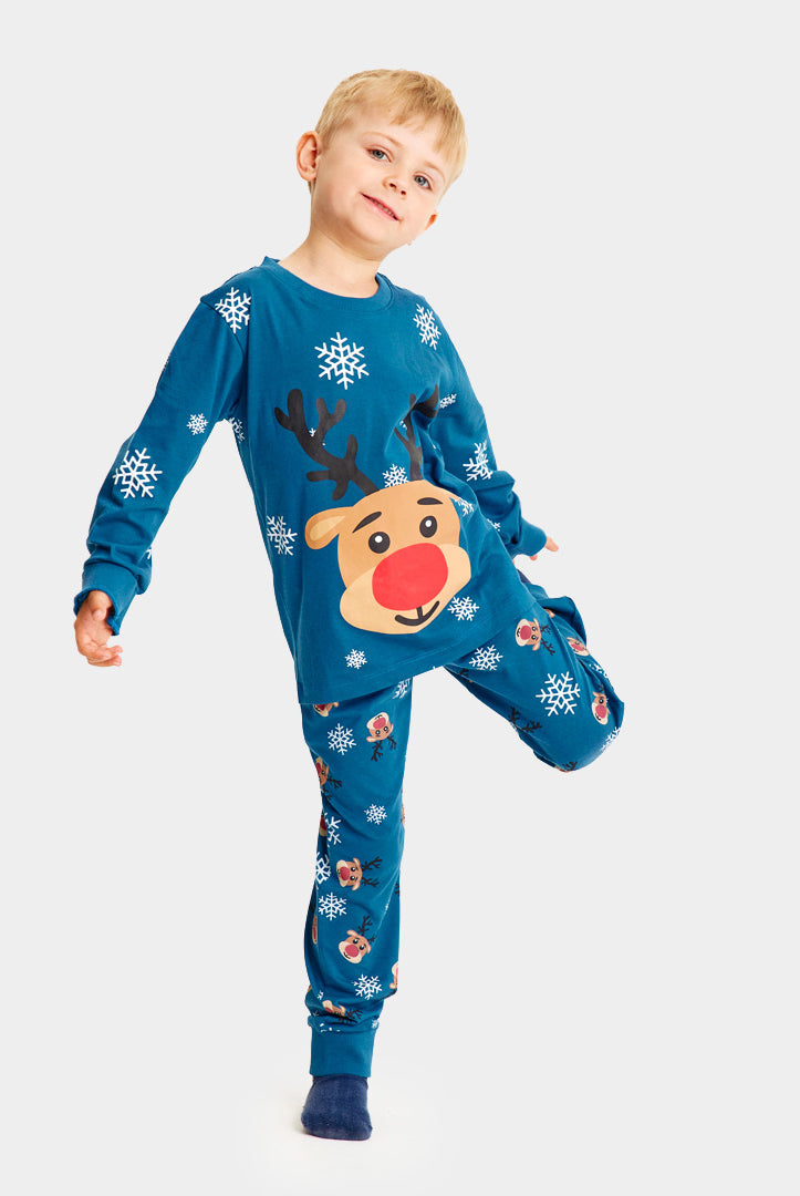 Pigiama Natalizio per la Famiglia Bambini Blu con Renna Rudolph