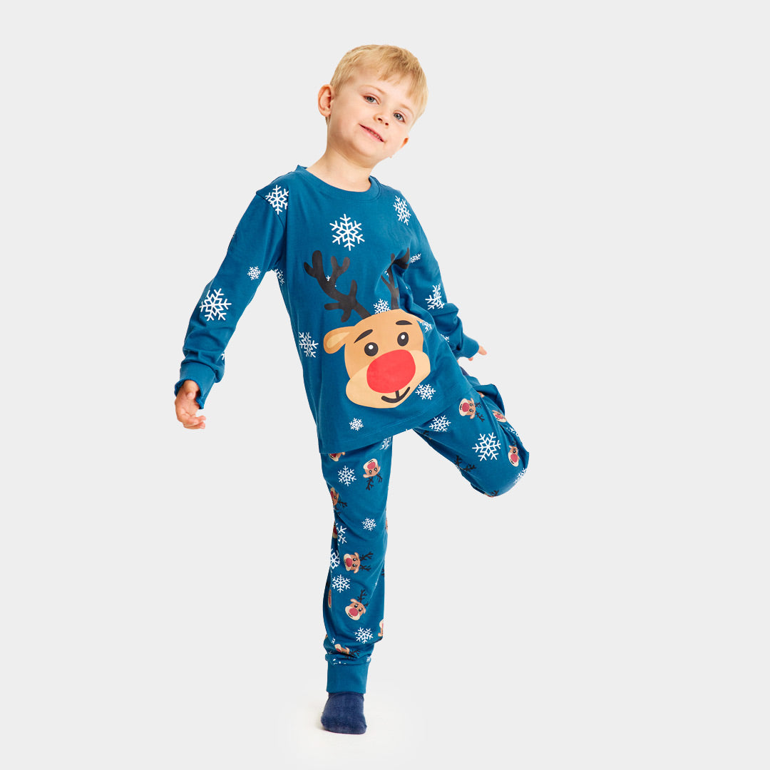 Pigiama Natalizio per la Famiglia Bambini Blu con Renna Rudolph