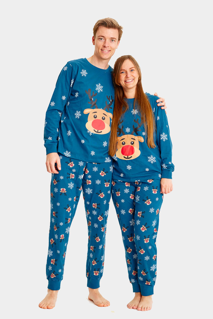 Pigiama Natalizio per la Famiglia Blu con Renna Rudolph Donna e Uomo