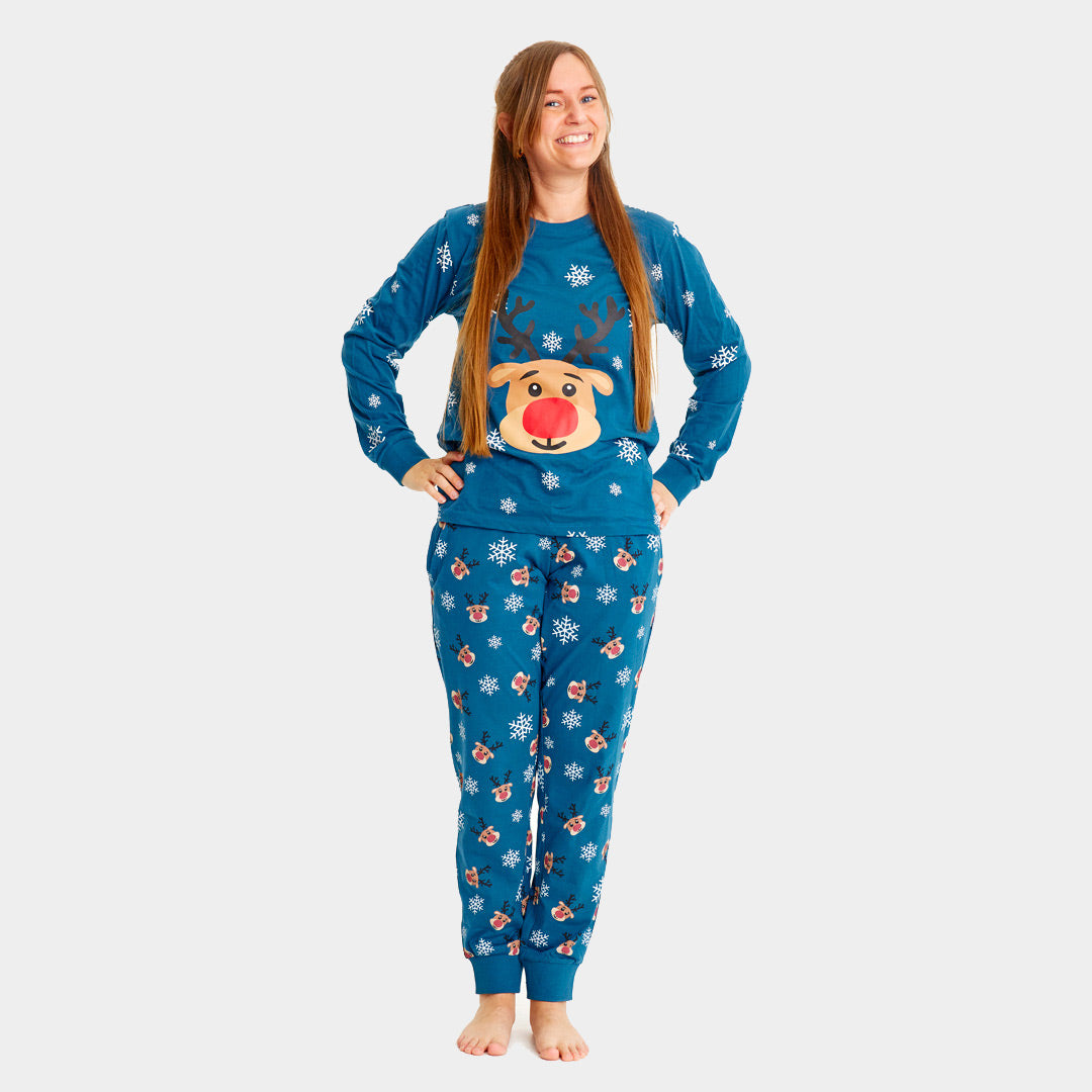 Pigiama Natalizio per la Famiglia Donna Blu con Renna Rudolph