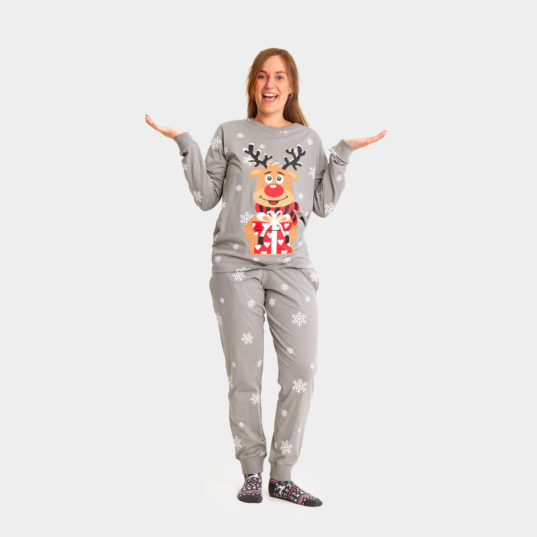 Pigiama Natalizio per la Famiglia Donna Grigio con Renna Rudolph