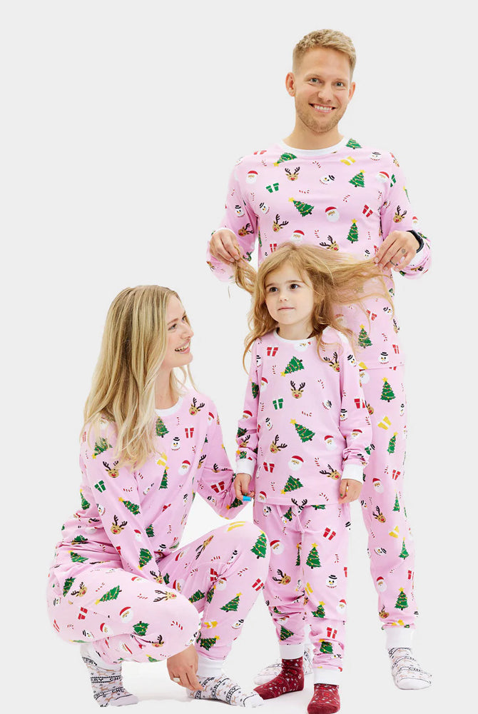 Pigiama Natalizio per Famiglia Rosa con Motivi Natalizi Cotone Biologico