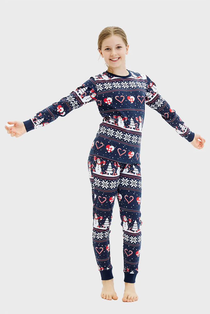 Pigiama Natalizio Famiglia Blu Pupazzi di Neve Bambini Cuori
