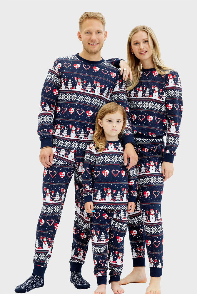 Pigiama Natalizio Famiglia Blu Pupazzi di Neve e Cuori