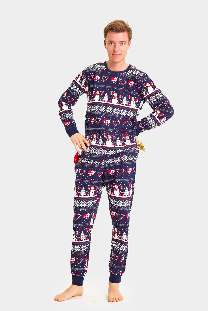Pigiama Natalizio Uomo Blu Pupazzi di Neve e Cuori