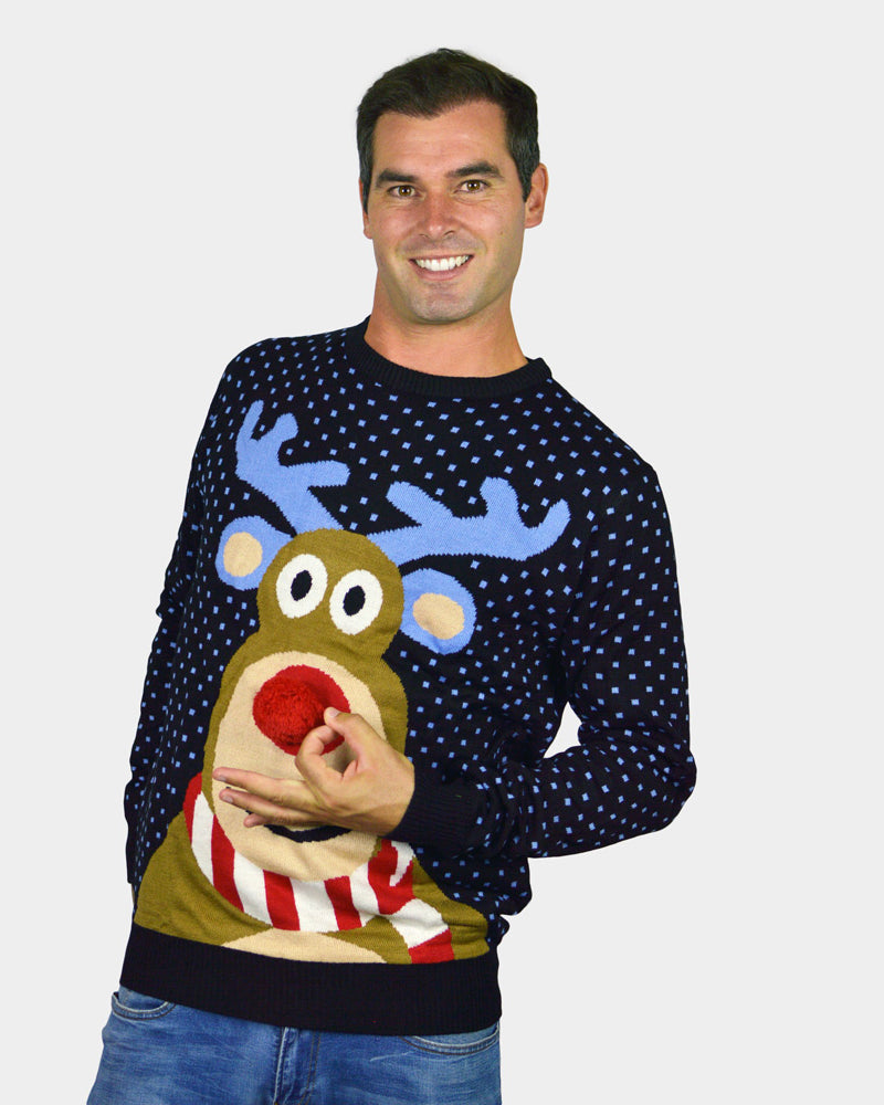 Maglione Natalizio Donna Blu Renna Rudolph Naso Rosso Uomo 3D
