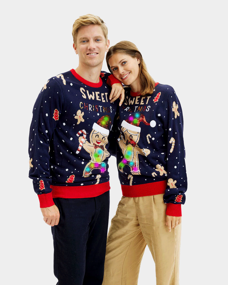 Maglione Natalizio da Donna Uomo Luci LED Donna Blu Ginger Cookie
