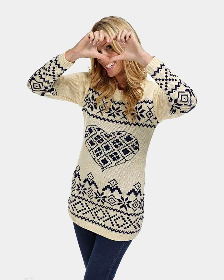 Vestito Natalizio da Donna Beige con Cuore