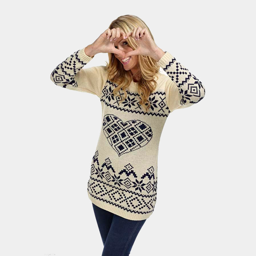 Vestito Natalizio da Donna Beige con Cuore