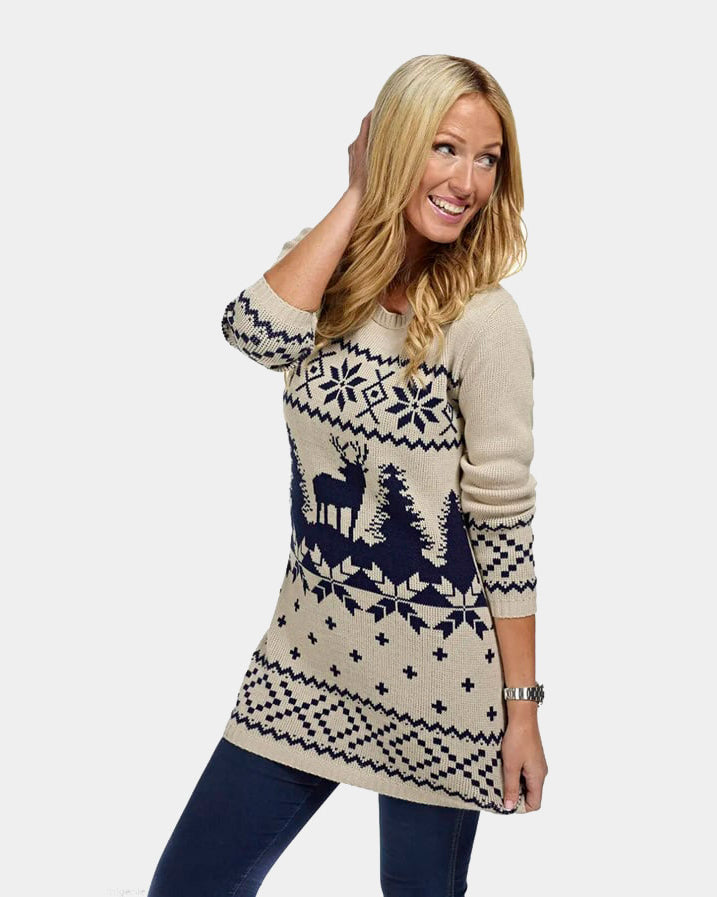 Vestito Natalizio da Donna Classico Beige e Blu Navy