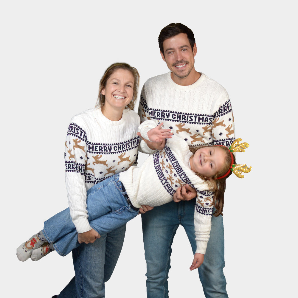 Maglione Natalizio per la Famiglia in Cotone Biologico Elegante Bianco con Renne