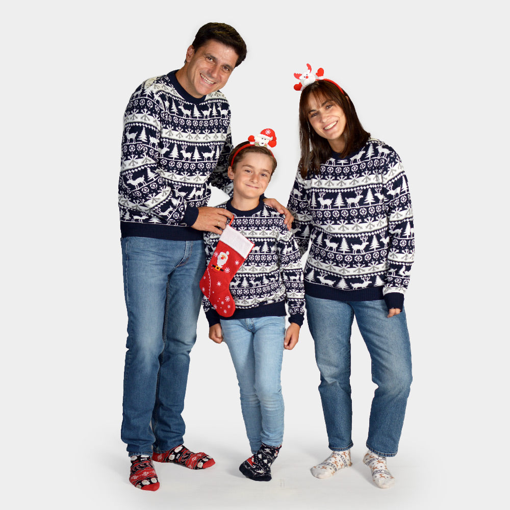 Maglione Natalizio per la Famiglia Blu Alberi di Natale e Renne