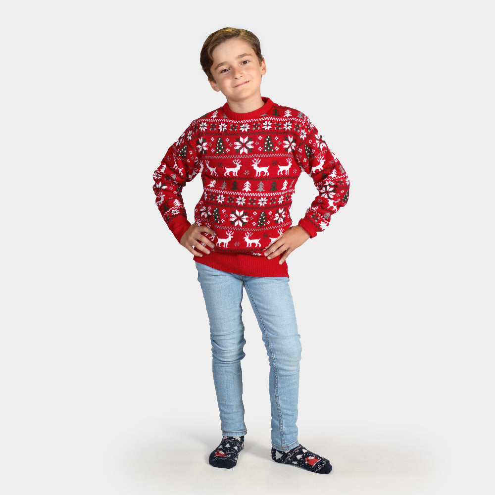 Maglione Natalizio per Bambini Rosso Renne, Alberi e Stelle Polari