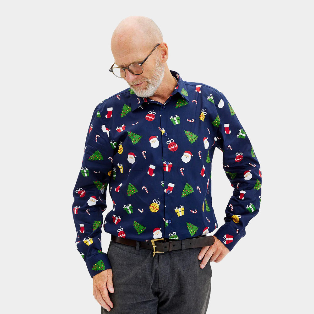 Camicia Natalizia Blu Uomo in Cotone Biologico con Motivi Natalizi
