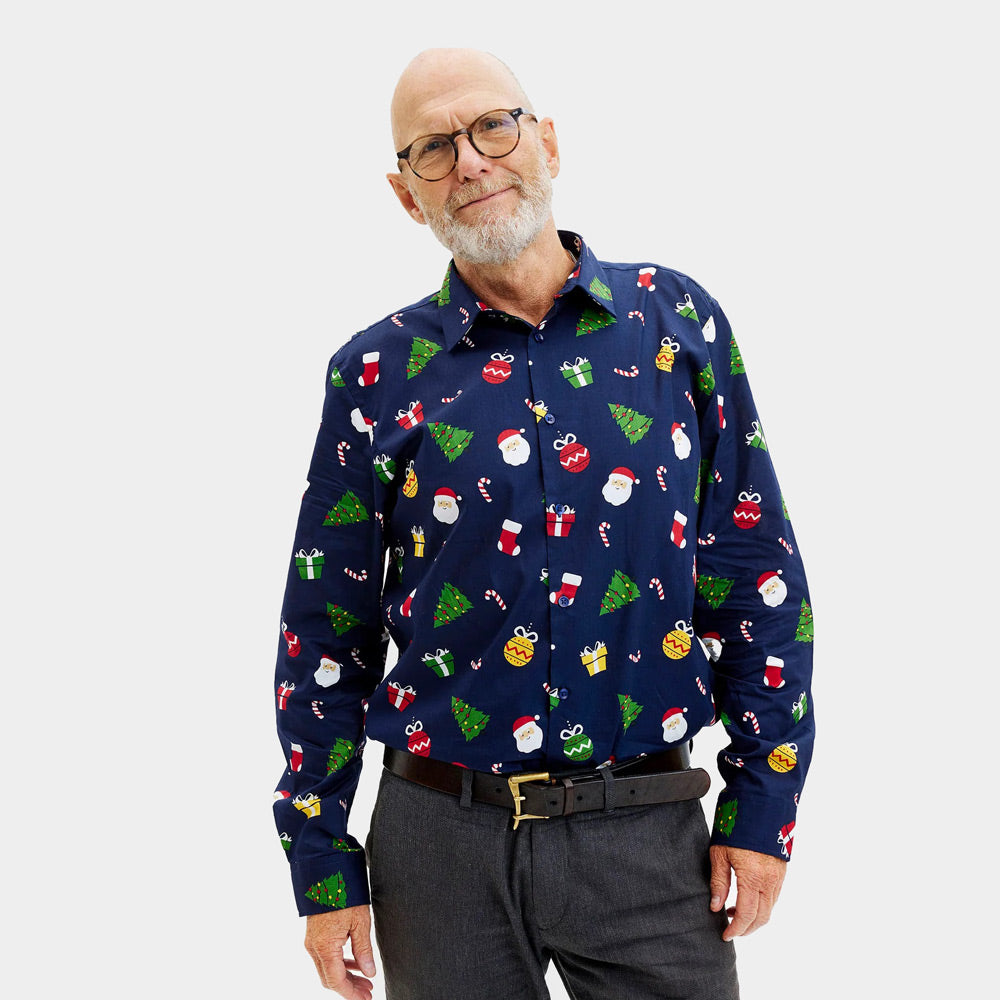 Camicia Natalizia da Uomo in Cotone Biologico Blu con Motivi Natalizi
