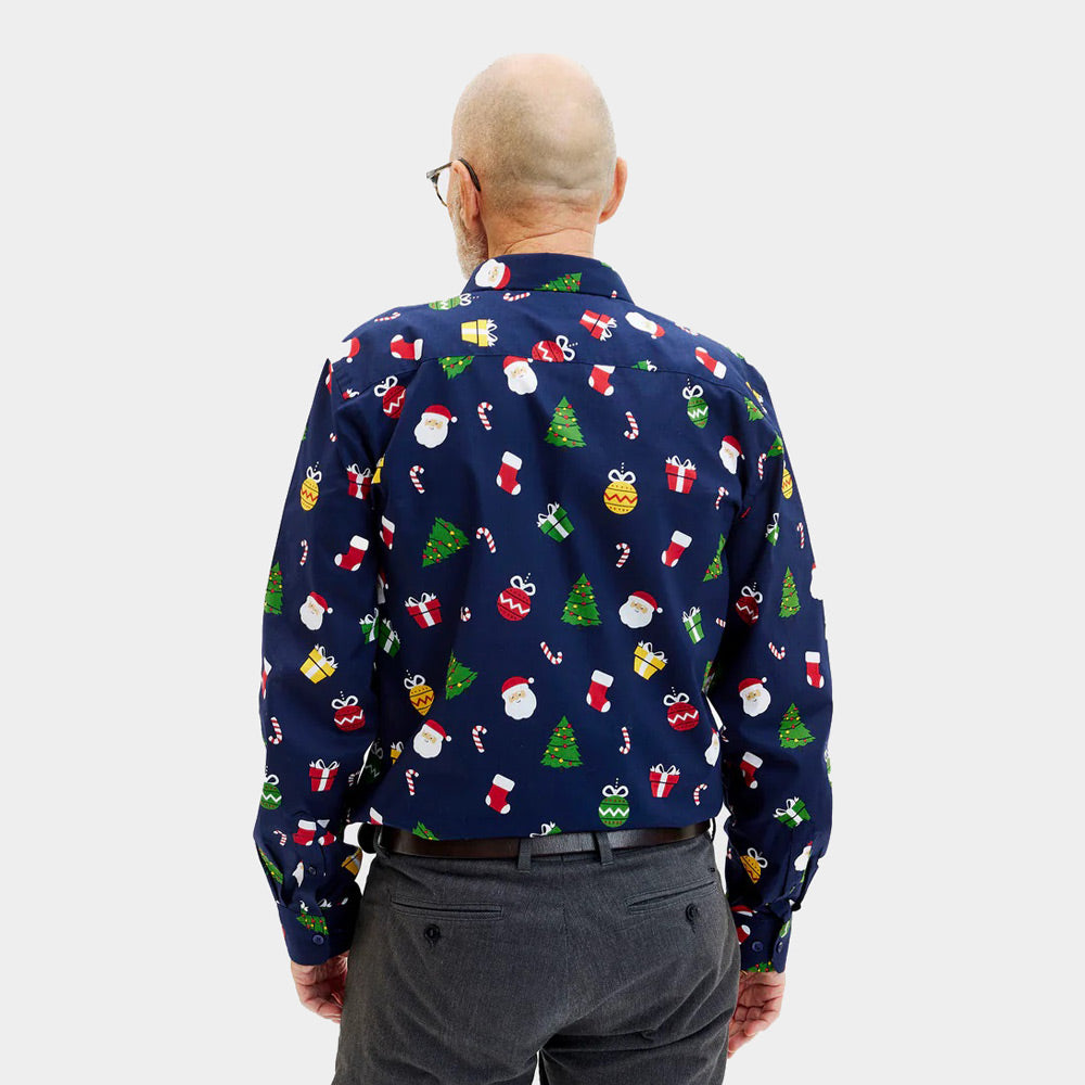 Camicia Natalizia da Uomo Blu Cotone Biologico con Motivi Natalizi
