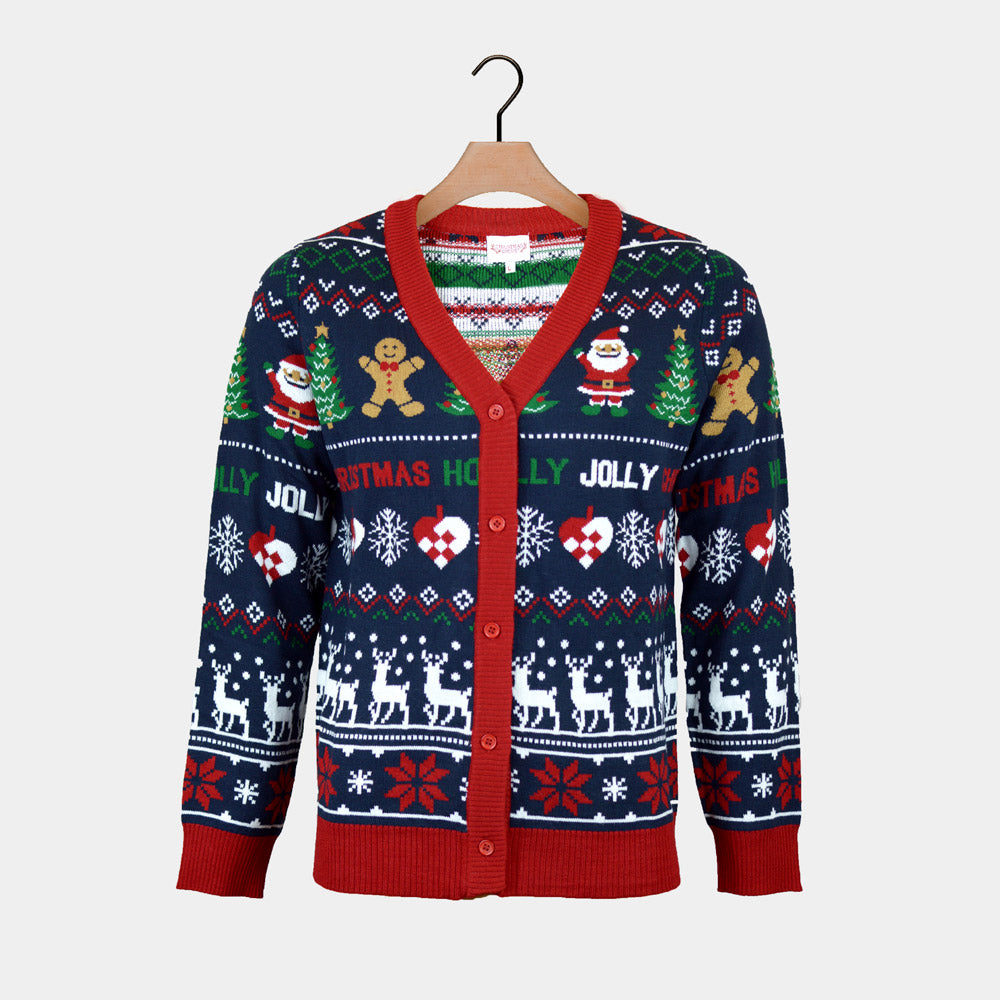 Cardigan Natalizio da Donna Blu e Rosso Renne e Babbo Natale