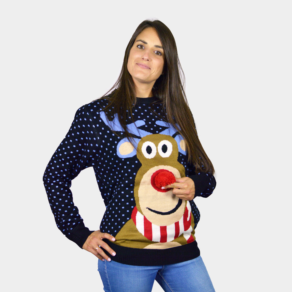 Maglione Natalizio Bambini Blu Renna Rudolph Naso Rosso 3D Donna