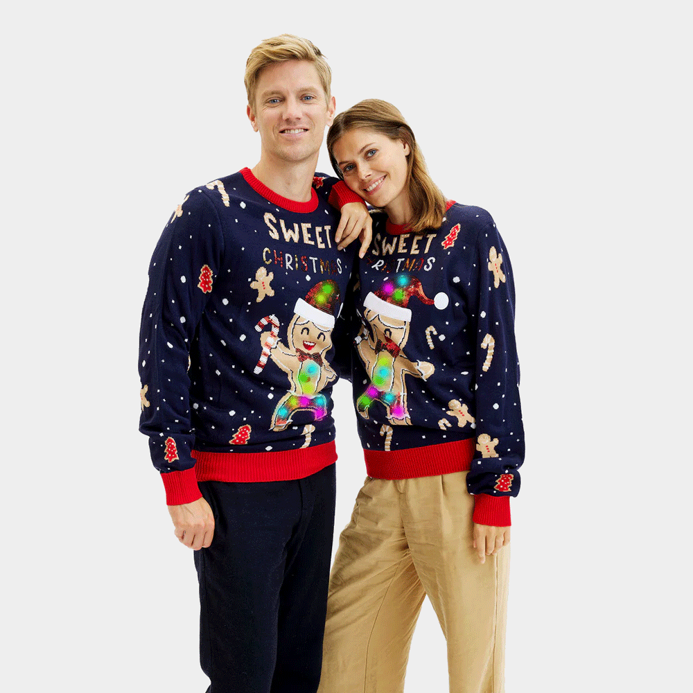 Maglione Natalizio Uomo Donna Luci LED Uomo Blu Ginger Cookie