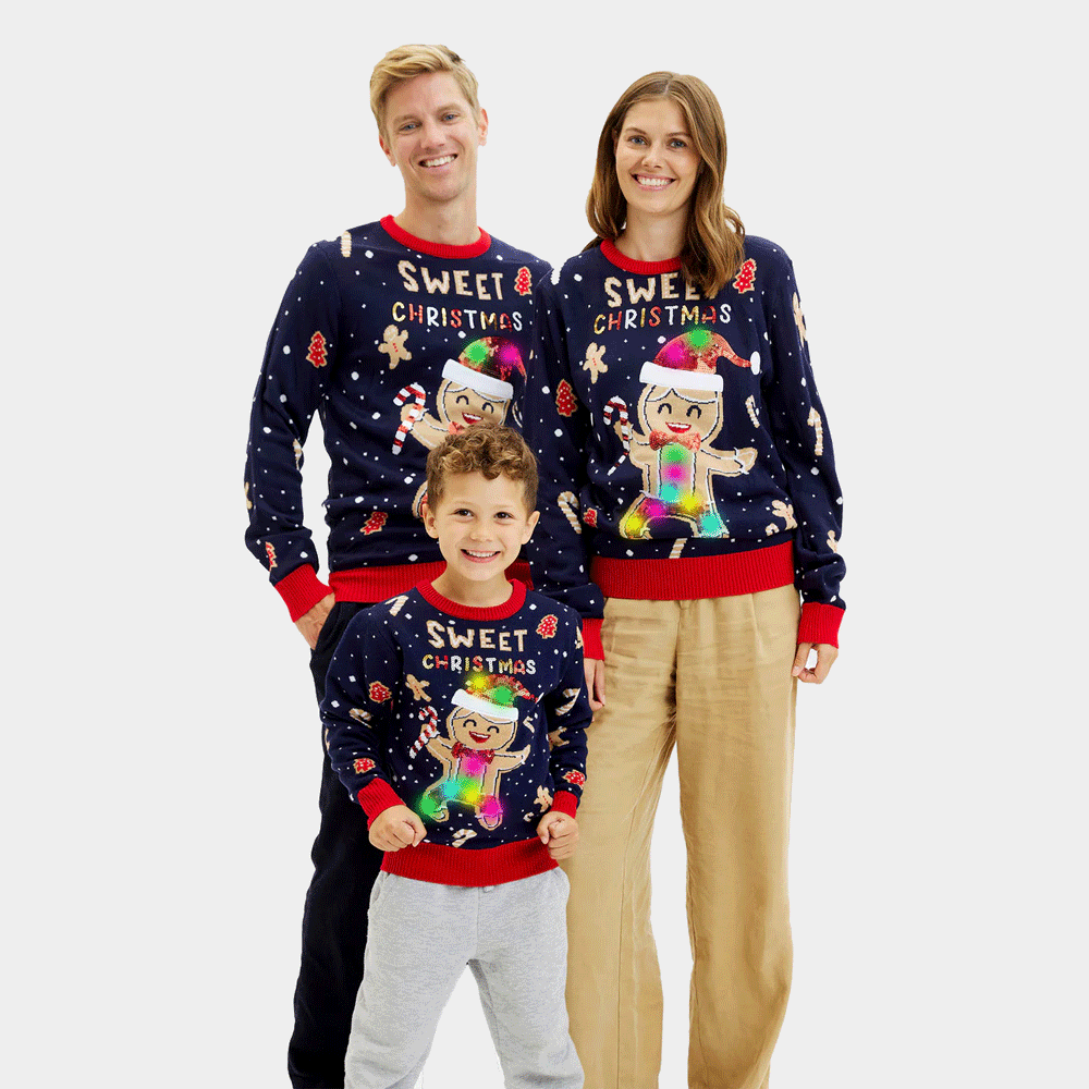 Maglione Natalizio Bambini Famiglia Luci LED Uomo Blu Ginger Cookie