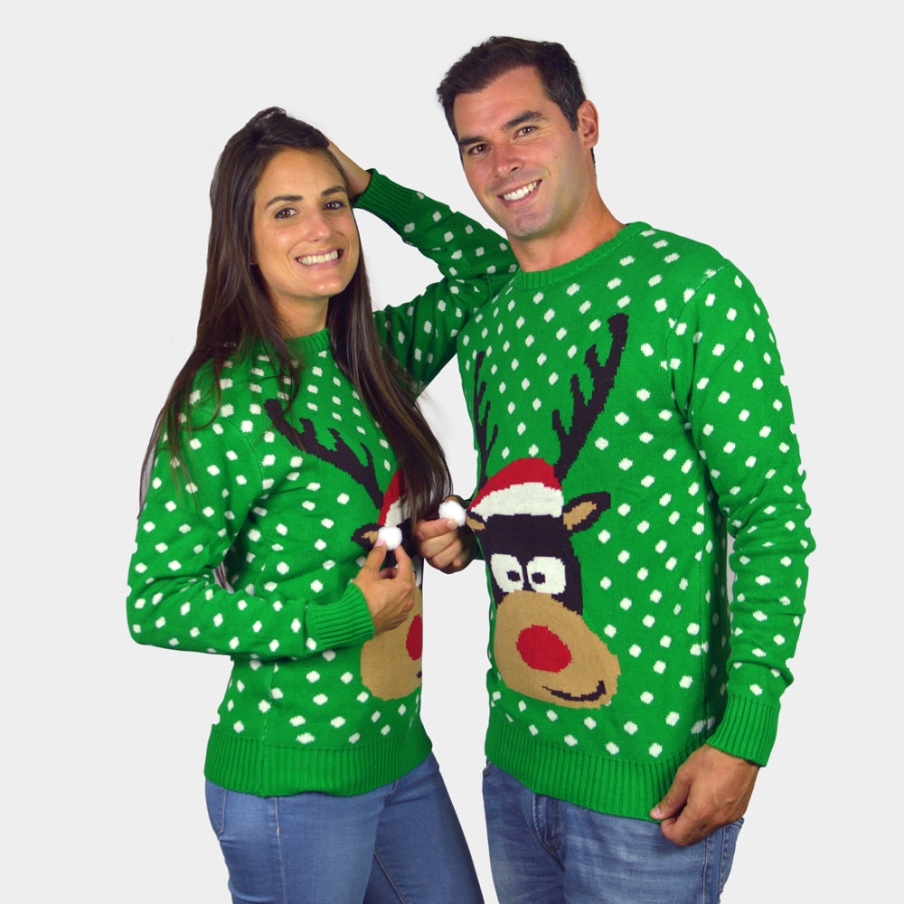 Maglione Natalizio Bambini Verde Renna Cappello 3D Donna e Uomo
