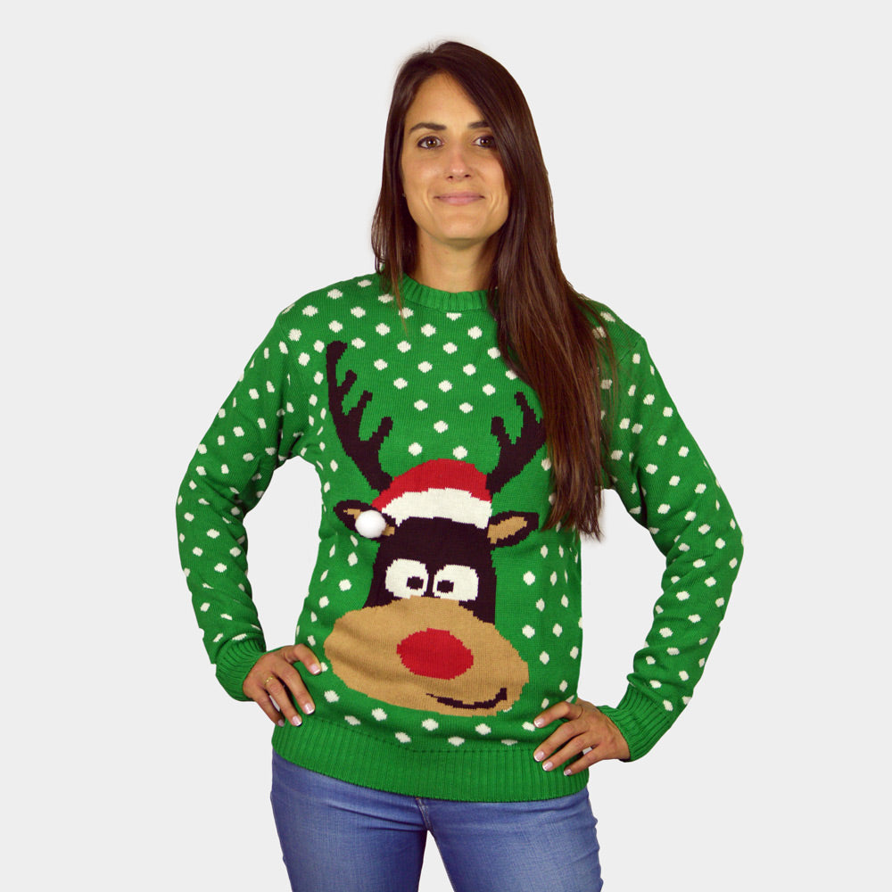 Maglione Natalizio Donna Bambini Verde Renna Cappello 3D
