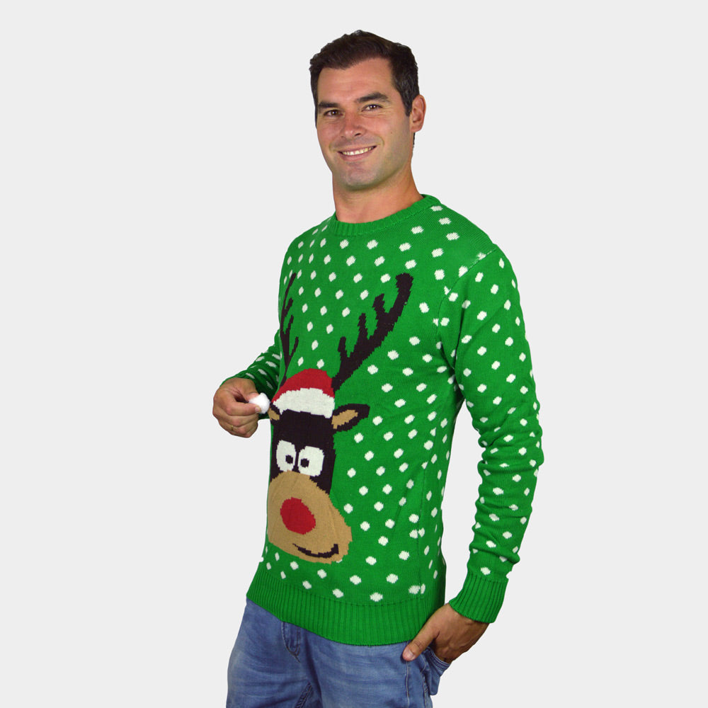 Maglione Natalizio Bambini Verde Renna Cappello 3D Uomo
