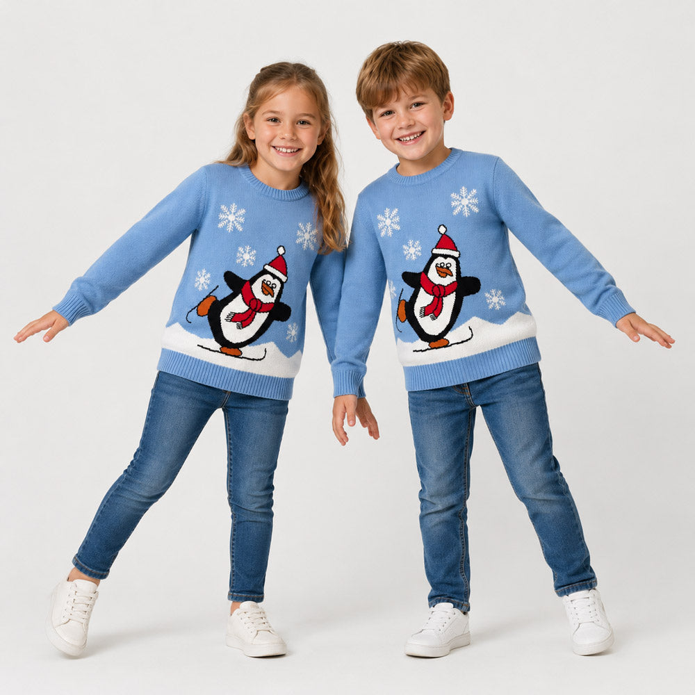 Maglione Natalizio Azzurro con Pinguino Bambini