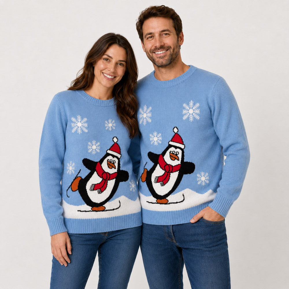 Maglione Natalizio Azzurro con Pinguino Coppia