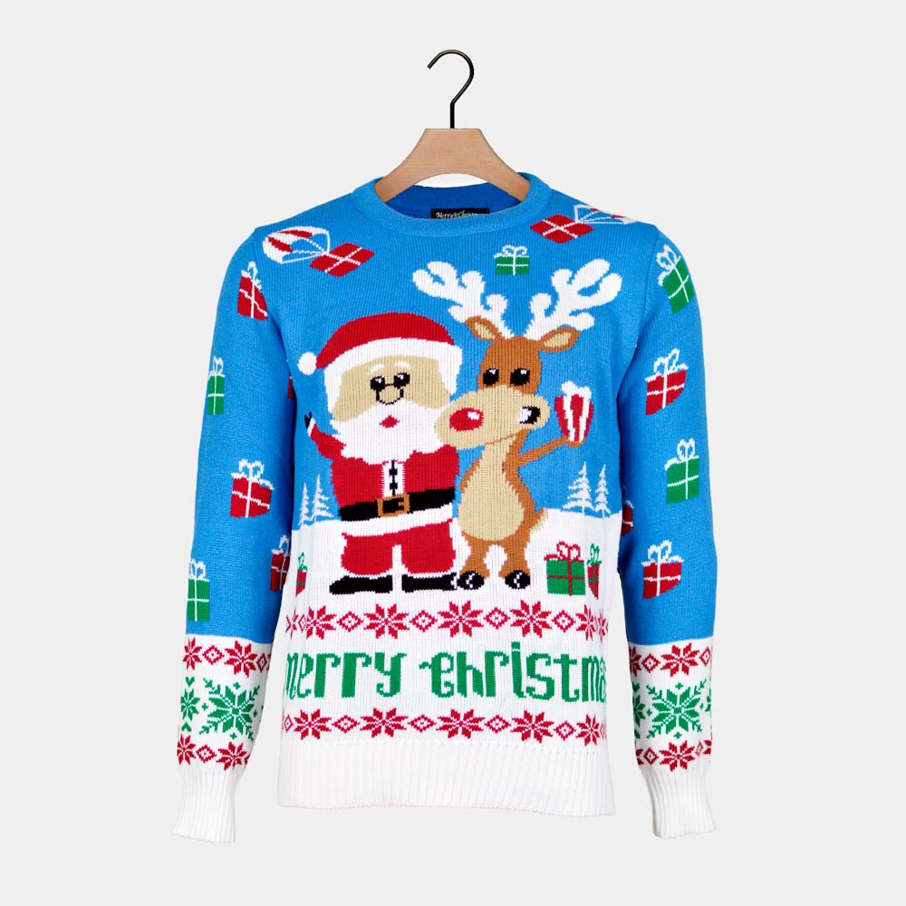 Maglione Natalizio Azzurro con Renna e Babbo Natale
