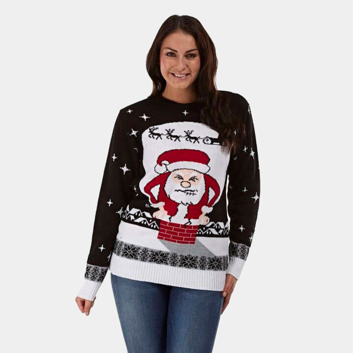 Maglione Natalizio Donna Babbo Natale Bloccato nel Camino
