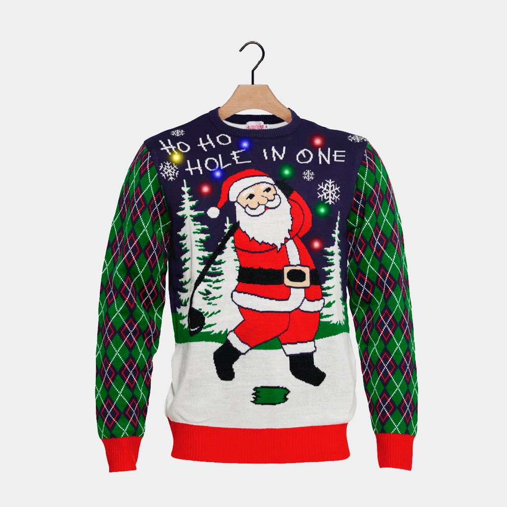 Maglione Natalizio Babbo Natale che Gioca a Golf con Luci LED
