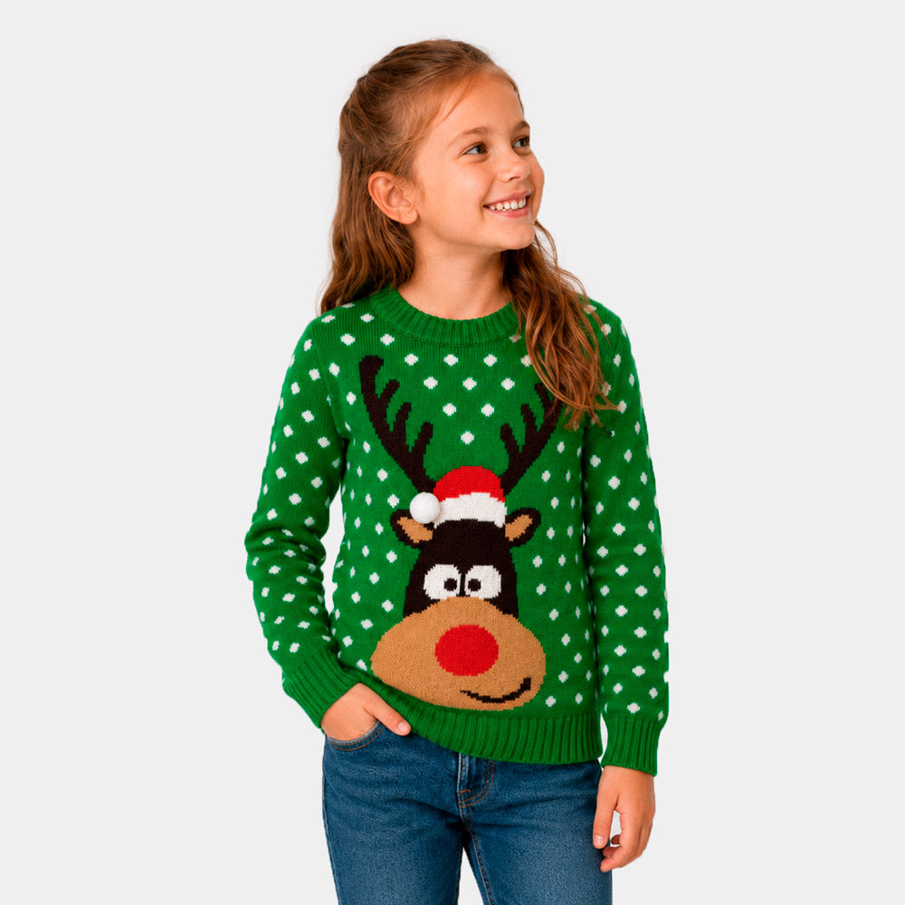 Maglione Natalizio Bambina Verde Renna con Cappello in 3D
