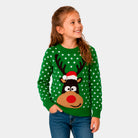 Maglione Natalizio Bambina Verde Renna con Cappello in 3D
