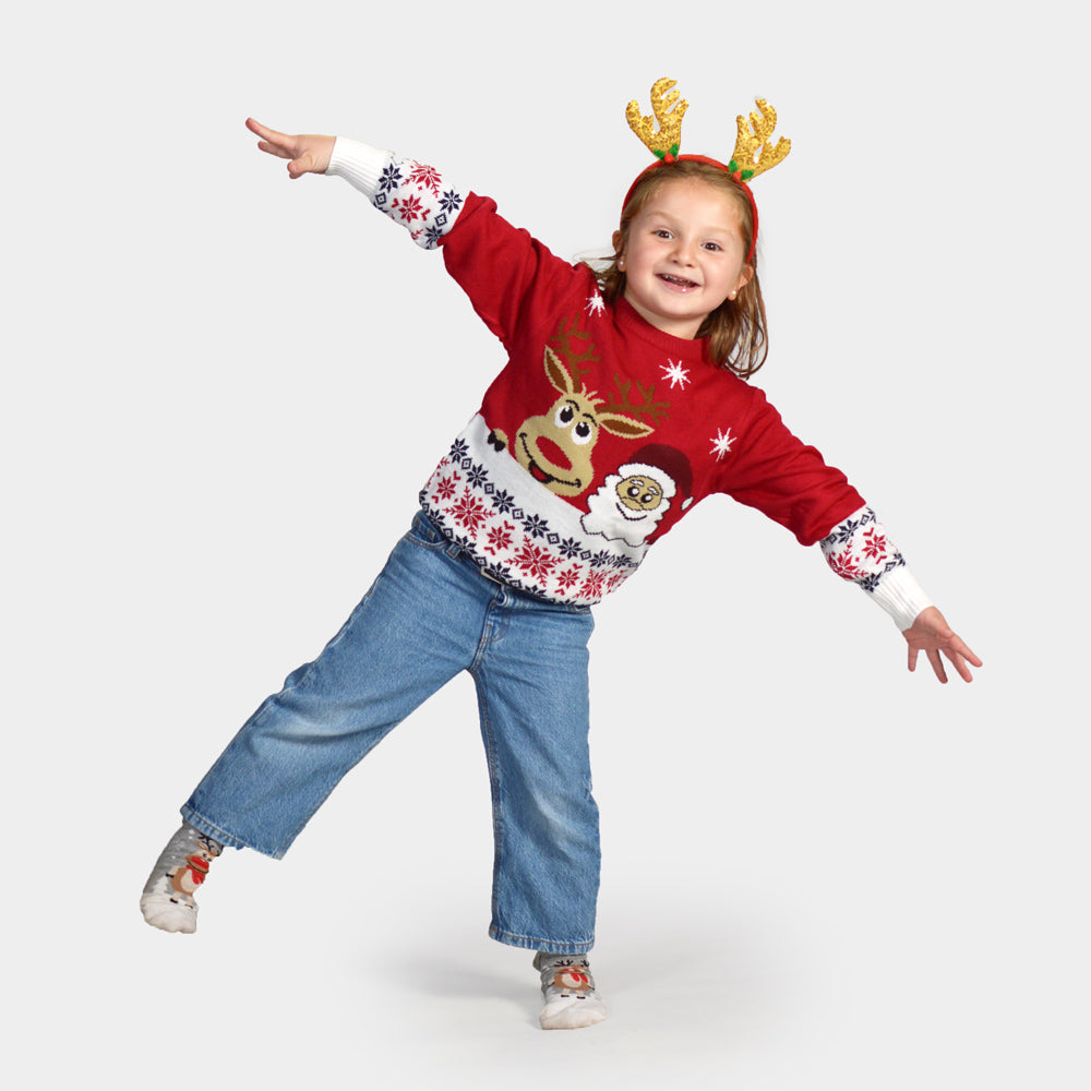 Maglione Natalizio per Bambini Babbo Natale e Renna Rudolph Sorridentes
