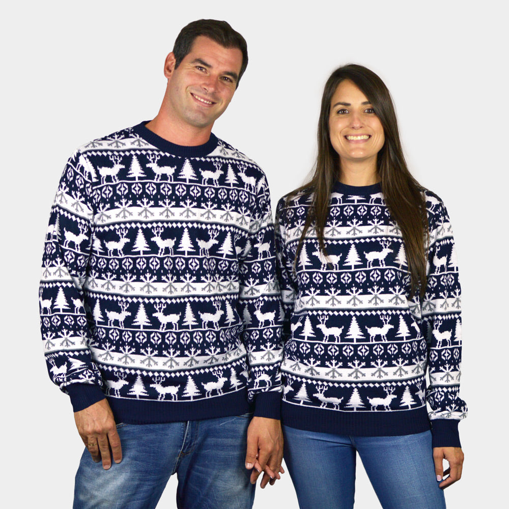 Maglione Natalizio bambini Donna e Uomo Blu Alberi di Natale e Renne