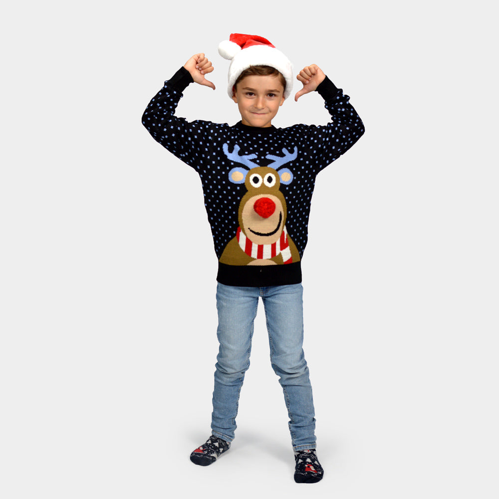 Maglione Natalizio Bambini Blu Renna Rudolph Naso Rosso 3D
