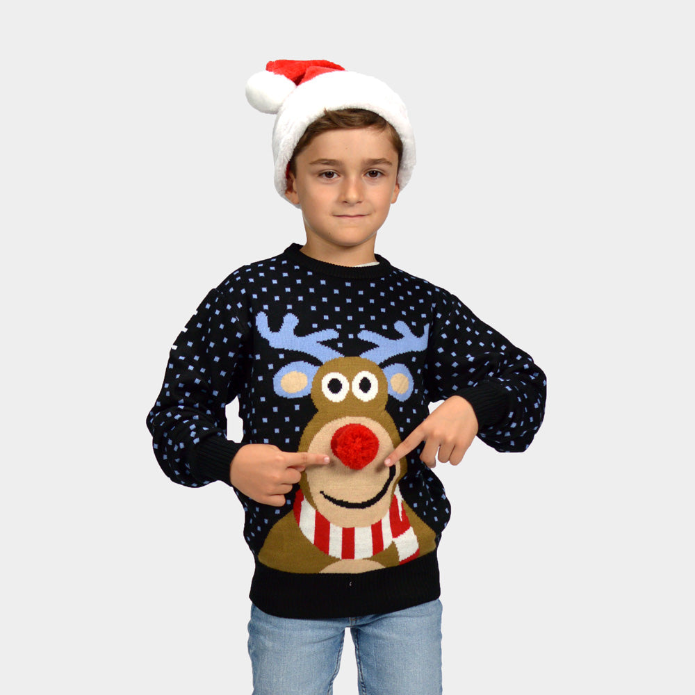 Maglione Natalizio per Bambini Blu Renna Rudolph con Naso Rosso in 3D