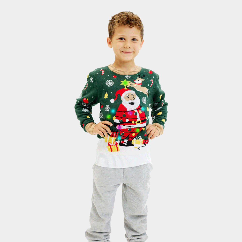 Maglione Natalizio Bambini Luci LED Babbo Natale in Confusione