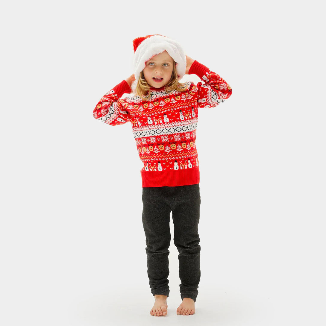 Maglione Natalizio per Bambini Cotone Biologico Rosso Pupazzi di Neve Motivi Natalizi
