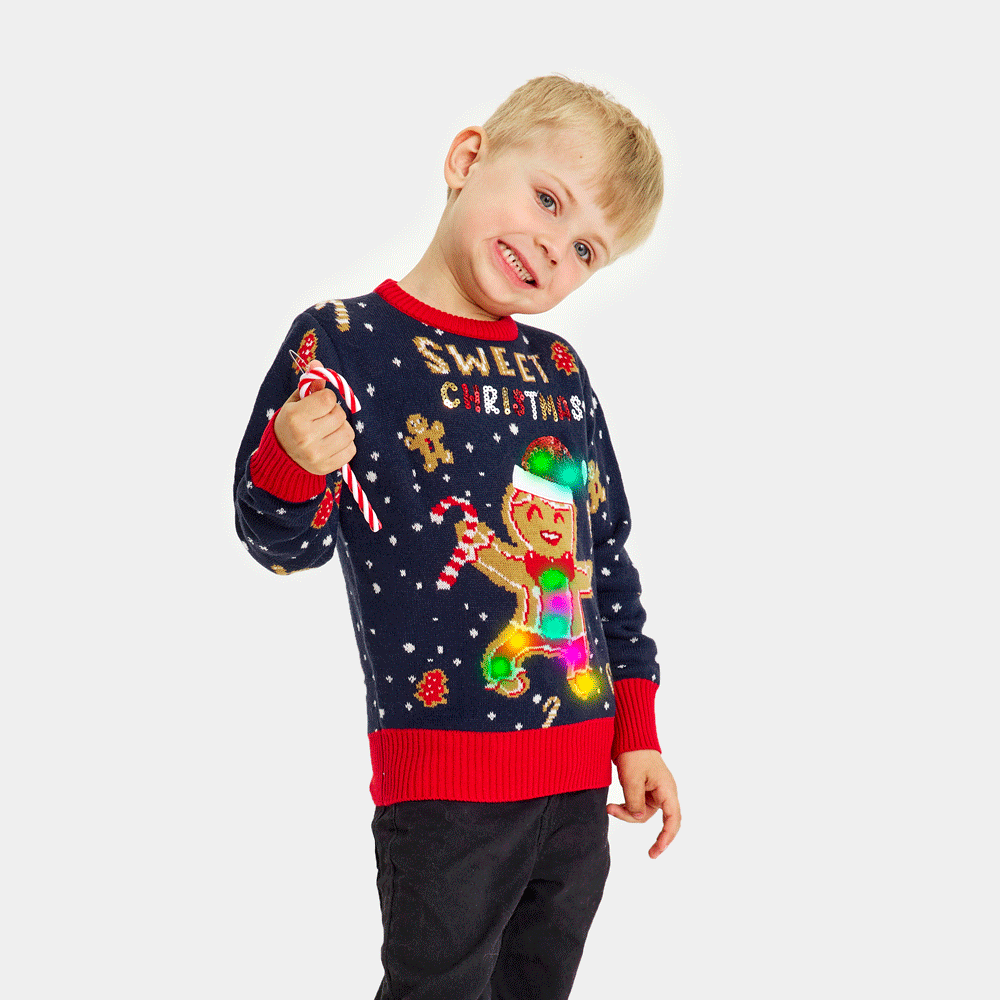 Maglione Natalizio per Bambini con Luci LED Uomo Blu Ginger Cookie