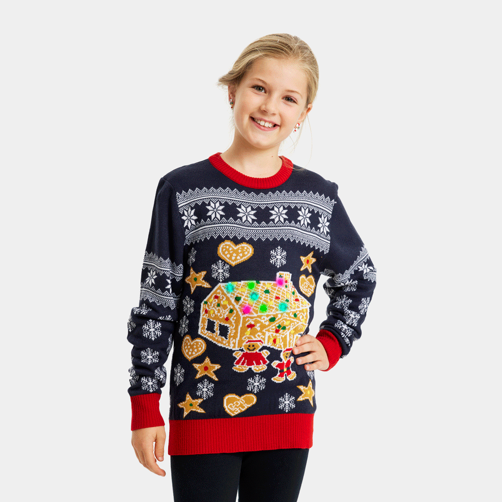 Maglione Natalizio per Bambini con Luci LED Casa di Pan di Zenzero